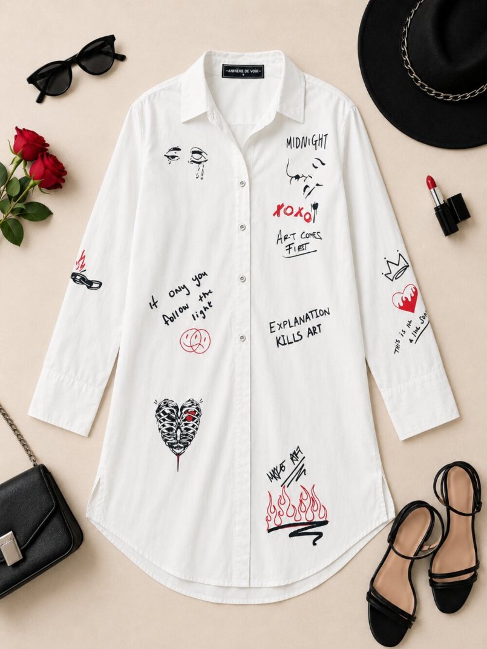 Manière De Voir White Graphic Shirt Dress / Oversized Button Down – Size 4